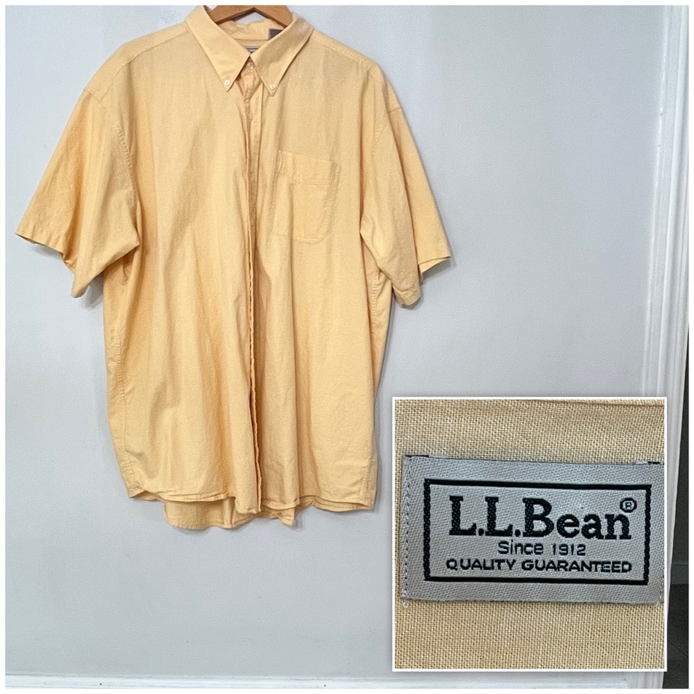 L.L. Bean Shirt Chambray Short Sleeve Button Down Pastel Orange Yellow Men’s XXL